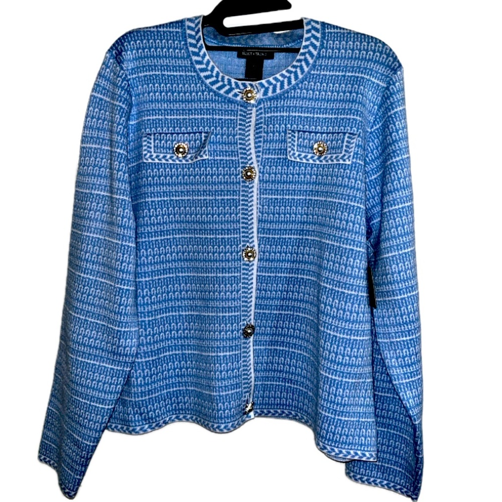 Brand New Blue and White Pearl Button Sweater